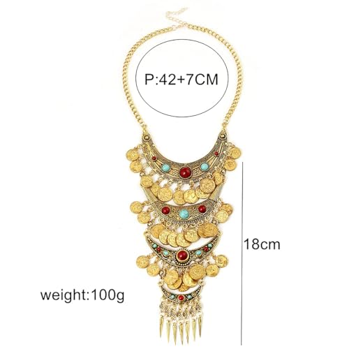 Bethynas Bohemian Ethnic Tribal Chunky Necklace Multilayer Long Tassel Turquoise Statement Neck Chain Retro Coin Gemstone Exaggerated Costume Accessories for Women - color: A-Gold