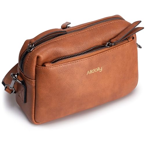 Alldaily Small Triple Zip Crossbody Purse for Women, Vegan Leather Phone Bag with Wide Shoulder Strap - color: Brown