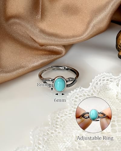Silver Turquoise Rings for Women Adjustable Oval Gemstone Boho Western Statement Ring for Vintage Jewelry