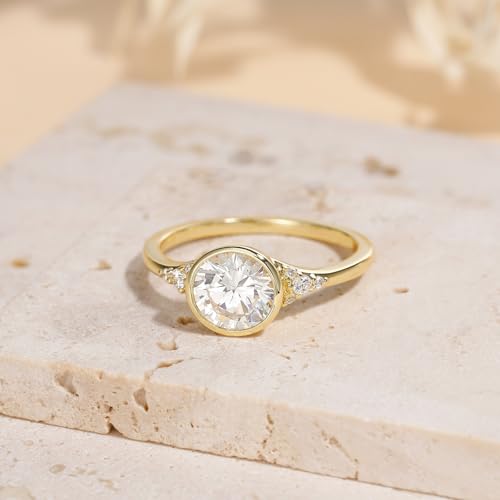 EAMTI 2CT Engagement Rings for Women Round Cut CZ Solitaire Promise Wedding Bands Travel Bezel Ring 14K Gold Plated Size 4-10 - color: Brass-Gold