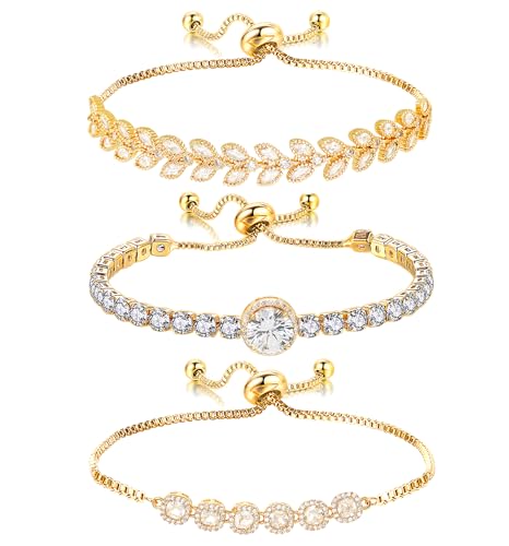 Tennis Bracelet for Women Cubic Zirconia Bracelets Adjustable Slider Bracelets - color: Gold