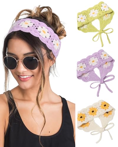 HAIMEIKANG Independence Day Headband Hippie Hair Bandanas Headbands for Women Boho Headband Knit Hair Bands Floral Head Wrap for Girls (Purple+Beige+Green) - color: Purple+Beige+Green