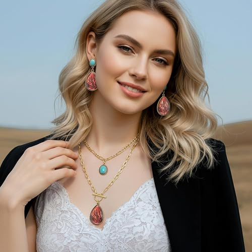 3 Pcs Western Turquoise Jewelry for Women Bohemian Set Cactus Turquoise Necklace Boho Dangle Earrings Country Concert Cowboy Chic Outfits for Women Jewelry Gifts Xmas Stocking Stuffers - color: Gold