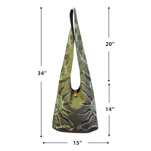 Mandala Crafts Hippie Bag, Large Boho Hobo Purse for Women, Crossbody Shoulder Sling Bags for Indie Style Bohemian Accessory - style: Green Sun