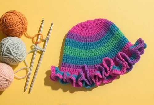 Handmade Crochet Bucket Hat for Women Boho Chic Slouchy Design Colorblock Ruffled Brim Festival&Daily Crochet Hat - color: Dopamine Color