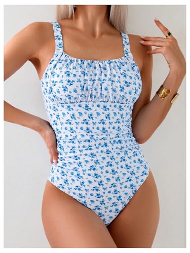 BEAUDRM Women's Boho Floral Print One Piece Swimsuit Y2K Bathing Suits Swimwear Beachwear - color: Floral Blue, size: XX-Large