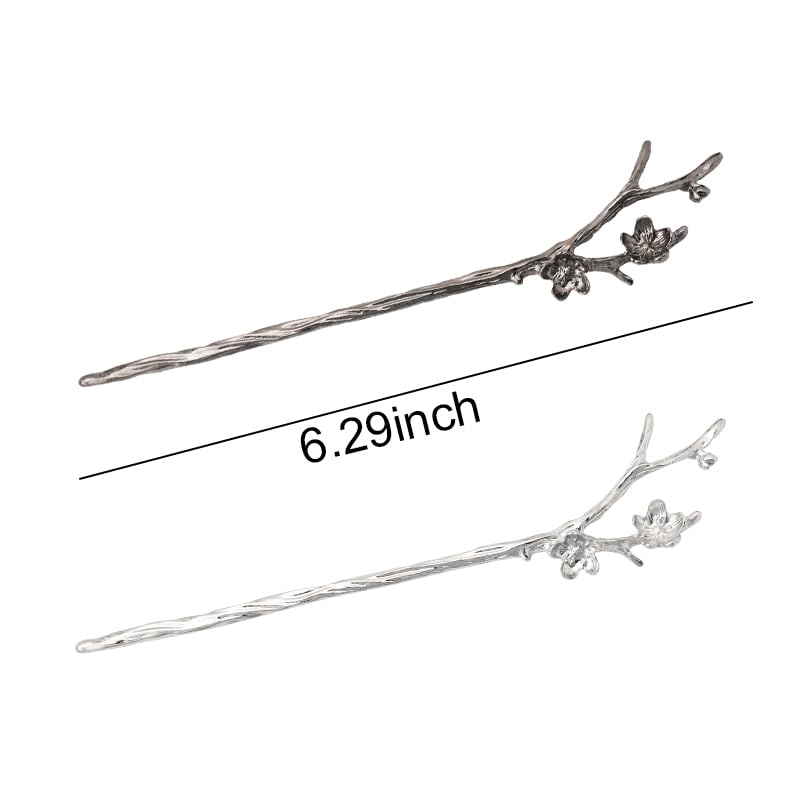 Vintage Retro Hair Stick Hairpin Long Hair Pins Hair Chopsticks Chinese Hair Sticks for Buns 2Pcs Metal Hair Fork Hair Accessories for Women Girls Decorative for Hair (Silver & Black)