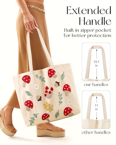Miss Adola Embroidery Tote Bag with Pocket & Buckle - Reusable Canvas Tote for Women Cute Aesthetic Work Shopping Grocery Bag - style: Shiitake
