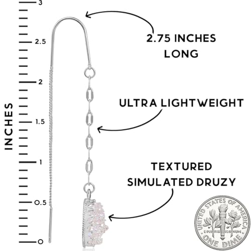 Simulated Druzy Threader Earrings for Women - Gold, Silver, or Rose Gold Tone Long Chain Earrings with Boho Created Geode Stone - color: Silver - White Created Opal