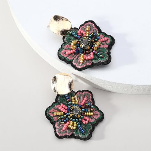 Boho Floral Embroidered Earrings with Colorful Bead Accents and Crystal Center for Women - color: Green