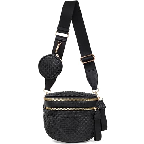 Valentoria Large Woven Leather Crossbody Bags for Women Checkered Bum Bag Sling Bag Purse Adjustable Strap Detachable Wallet | Woven - color: Black Checkered