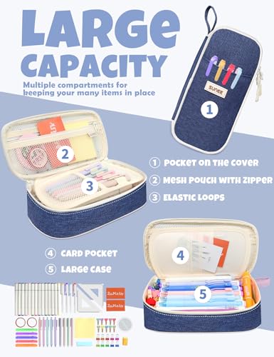 SUNEE Cute Pencil Case, Aesthetic Pen Pouch, Colored Large Pencil Bag with Zipper, Kawaii Stationery Storage and Organizer, School Supplies for Teen and Adult Girls, Navy Blue - color: Navy Blue