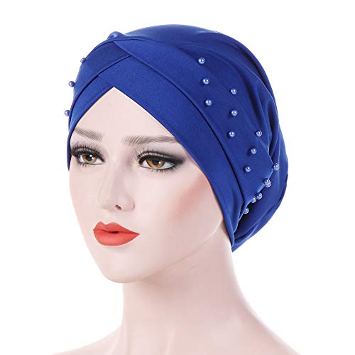 Women Beaded Silky Beanie, Pre-Tied Turban Head Wrap Cap for Chemo Chemical Cancer Hair Loss Cover Hat - color: Blue