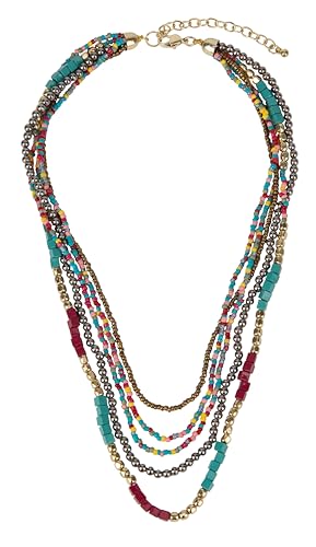 SPUNKYsoul Colorful Boho Multistrand Beaded Necklace — Layered Seed Beads in Black, Gold, Red, Teal and Navy for Effortless, Free-Spirited Style Varies 16-20 inches with 3 inch Extension Chain - style: "Zura" Teal Red Gold