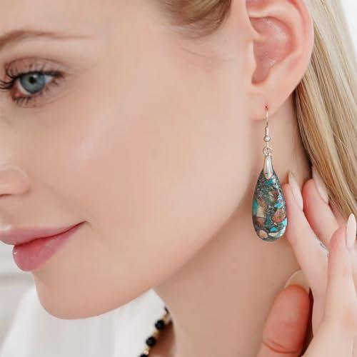 Stone Drop Earrings for Women Earrings Teardrop Jasper Stone Dangle Earrings - color: Light Blue&Brown-Silvery Hook