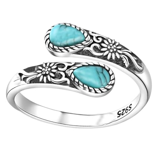Adjustable Thumb Rings for Women Vintage Moonstone Obsidian Turquoise, Spoon Style Adjustable Ring Gift for Her, Sister, Mom – Natural Gemstone Jewelry - style: Turquoise Flower Ring