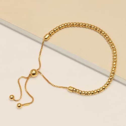 LeCalla 925 Sterling Silver Bolo Bracelet | Women's Italian Handmade Solid Adjustable Bolo Slider Bracelet | Lightweight Chain Bracelet Jewelry for Wife Girlfriend Her - color: Gold-Plated Popcorn
