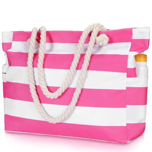 Clothirily Beach Bag for Women - Large Beach Tote Bag, Waterproof Sandproof Beach Bag with Zipper, Large Swim Pool Beach Tote - color: Hot Pink