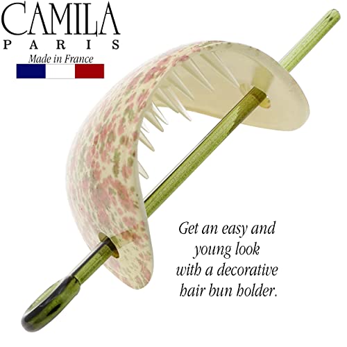 Camila Paris CP3343 French Hair Bun Holder Cover Cap Hair Updo, Pink and Green, Hair Pin Thru, Strong Hold Grip Hair Clips for Women, No Slip and Durable Styling Girls Hair Accessories, Made in France - color: Pink/Green