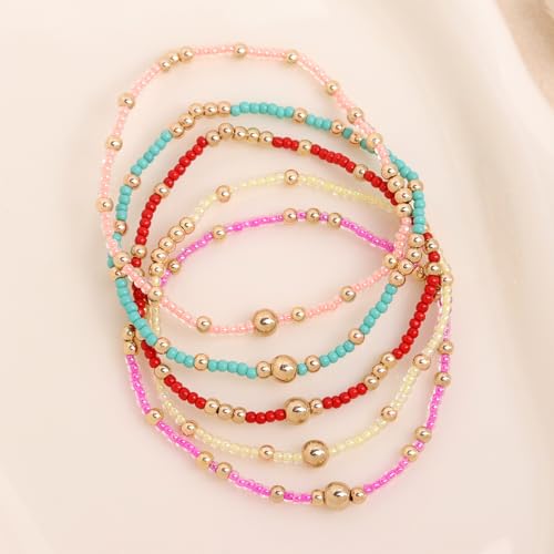 Gold Beaded Stackable Friendship Bracelets Set for Women, Handmade Boho Stretch Summer Jewelry Gift. - color: gold orange green red fuchsia yellow