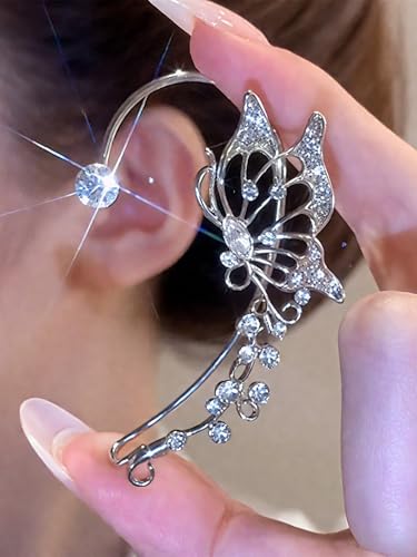 2Pcs Rhinestone Butterfly Earrings Ear Cuffs Non-Pierced Fake Earrings Butterfly Climber Wrap Around Earring Dainty Adjustable Ear Clip Jewelry for Women - color: Style3-silver