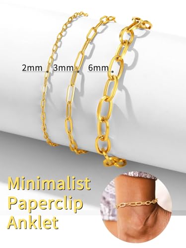 ChainsHouse Ankle Bracelets for Women, Stainless Steel Chain Anklets Waterproof, Women Summer Beach Jewelry Gift, Come with Box - color: 01. 1Pcs-(6mm)-Paperclip-14K Gold
