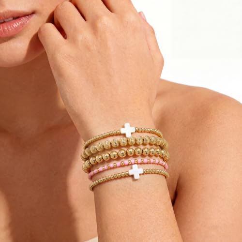 Dainty Gold Plated Pearl Crystal Beaded Bracelets Set for Women 14K Gold Plated Bead Pearl Beads Bracelet Stackable Paperclip Link Chain Bracelets Gold Plated Bracelets for Women Trendy Jewelry - color: Style4-gold bracelets set6
