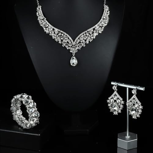 IRONBOX Crystal Wedding Bridal Jewelry Set for Women Prom Sliver Rhinestone Teardrop Necklace Earrings Bracelet Wedding Bridesmaid Gifts Fit with Wedding Dress