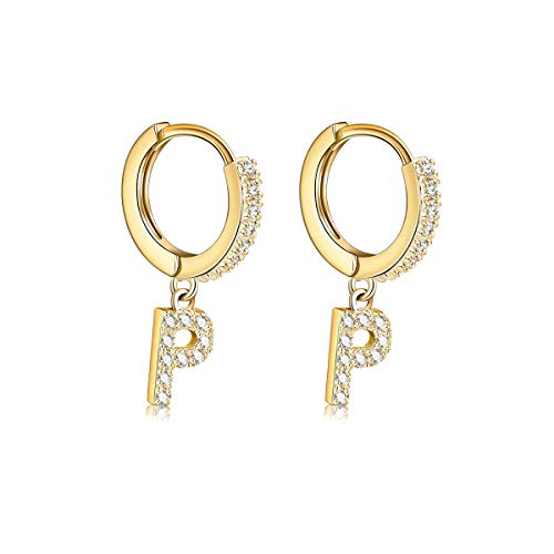 14K Gold Plated Cubic Zirconia Initial Earrings Delicate Small Hoop Earrings Hypoallergenic Letter Earrings for Women - style: P