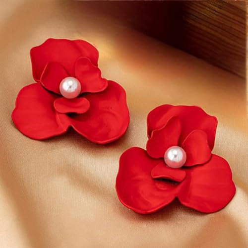 Chunky Large Gold Flower Stud Earring for Women Statement, Boho Big Red Irregular Floral Pearl Earrings Trendy Y2K Prom Party Jewelry Accessories Gift - color: Red