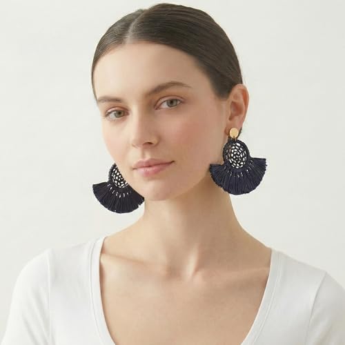 Boho Raffia Summer Beach Earrings for Women, Large Statement Dangle Drop, Lightweight Handmade Woven Fan Tassel Jewelry - color: Black