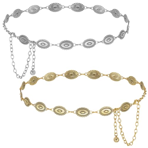 2 PCS Western Concho Belts for Women, Metal Chain Belt for Women Gold Coin Adjustable Cowgirl Belts, Boho Waist Dancers Belt with Silver Gold Colors for Dresses Jeans Country Concert