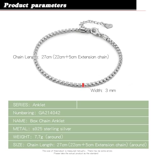 Dankadi Women 925 Sterling Silver Anklets Bracelet Men Simple Chopin/Box Chain/Twist Rope Chain Summer Beach Foot 24k Gold Plated Jewelry Gift - color: Box Chain Silver, size: 27cm