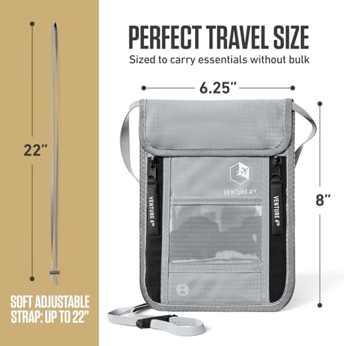 VENTURE 4TH Neck Wallet – RFID Blocking Passport Holder for Travel, Hidden Passport Wallet, Concealed Travel Wallet for Women, Men & Family (Silver) - color: Silver
