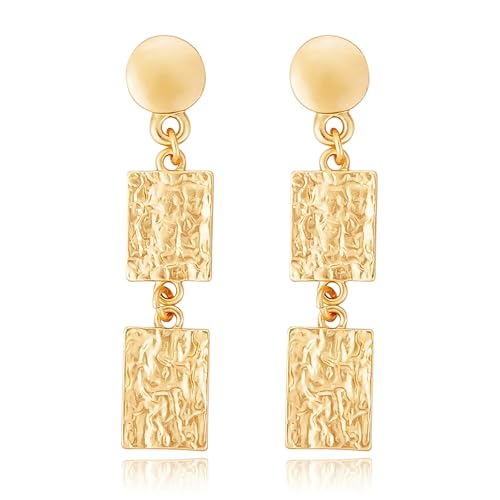 Stud Earrings for Women 14k Gold Plated Geometric Dangle Earrings Lightweight Minimalist Handmade Hammered Texture Oval Disc Drop Double-layer Big Hoop Dangle Earrings for Women - color: Rectangle Disc