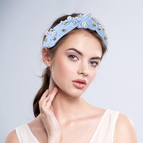 WantGor Pearl Knotted Headband, Women Rhinestone Embellished Hairband Elegant Wide Top Knot Bride Headbands Headpieces Party Fashion Elegant Ladies Hair Band Hair Hoop Accessories (Light Blue) - color: Light Blue