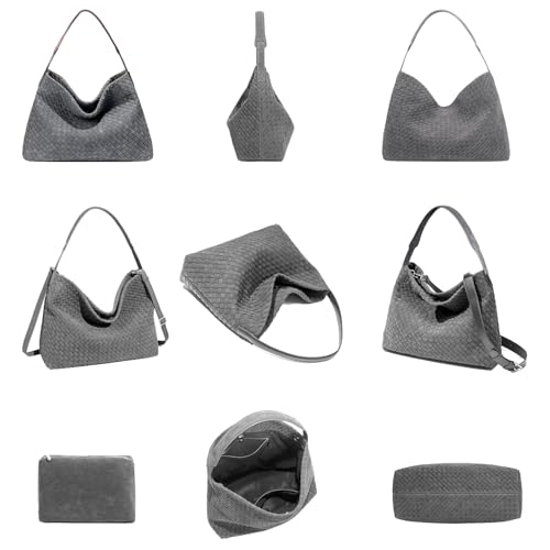 JINMANXUE Women Boston Bag, Woven Hobo Tote Handbag and Purses, Female Satchel Messenger Bags, Fashion Shoulder Crossbody Bag - color: Frosted Sudan Grey