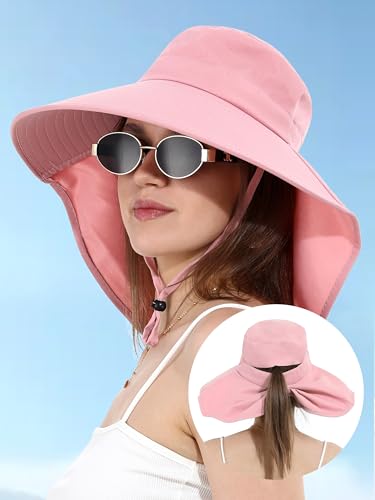 LA CARRIE Women Sun Hats Breathable Wide Brim UV Protection UPF 50+ with Neck Flap Hat for Summer Beach - color: Pink