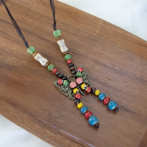 Boho Colorful Ceramic Bead Necklace for Women, Butterfly Pendant Necklace, Handmade Bohemian Statement Jewelry Gifts for Mom - color: Multi
