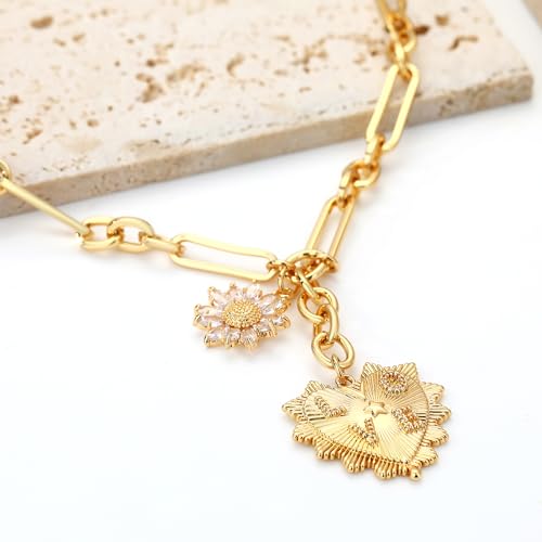 Gold Love Heart Sun Charm Chunky Paperclip Chain for Women Trendy 18K Gold Plated Coin Sunflower Pendant Choker Necklace Hip Hop Jewelry Gifts for Her - style: LOVE HEART, SUNFLOWER