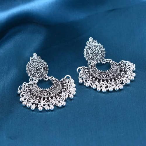 Boho Antique Carved Flower Dangle Drop Earrings for Women Vintage Retro Handmade Hollowed Antiqued Bronze Floral Shaped Geometric Gold Silver Plated Hoop Earrings for Ethnic Style Jewelry Gifts - color: Silver tassel