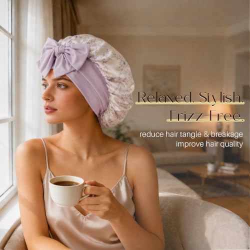 ZIMASILK 100% Mulberry Silk Bonnet for Sleeping Women Long Hair Double Layer Silk Hair Wrap with Tie Band Stay On Head (1Pc, Lilac Flower) - color: Lilac Flower