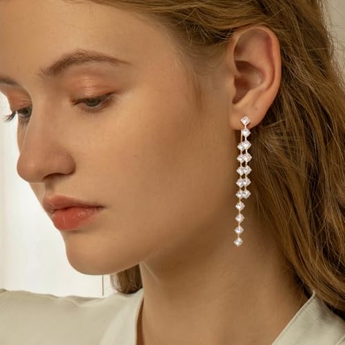 Awinesn Sterling Silver Dangle Earrings for Women Trendy Cubic Zirconia Long Dangle Drop Earrings Dainty Minimalist for Prom Party Jewelry - style: square