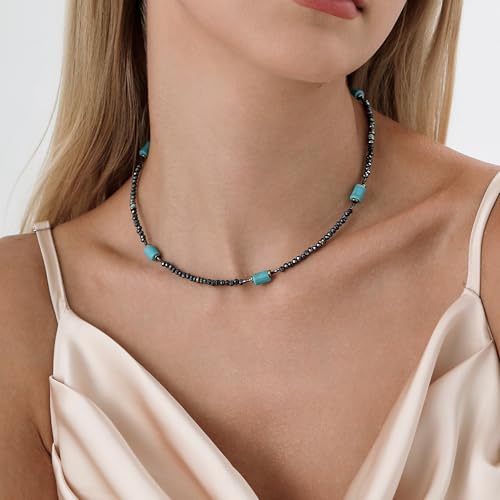 Turquoise Choker Necklace for Women, Western Crystal Bead & Pearl Necklace with Adjustable Chain Natural Stone Energy Jewelry, Boho Beaded Choker for Gifts - color: Turq Cylinder