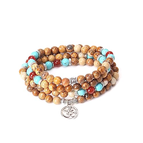 108 Mala Beads Necklace 7 Chakra Buddhist Prayer Beaded Bracelet Tree of Life Pendant Stone Yoga Necklace - color: Picture Jasper