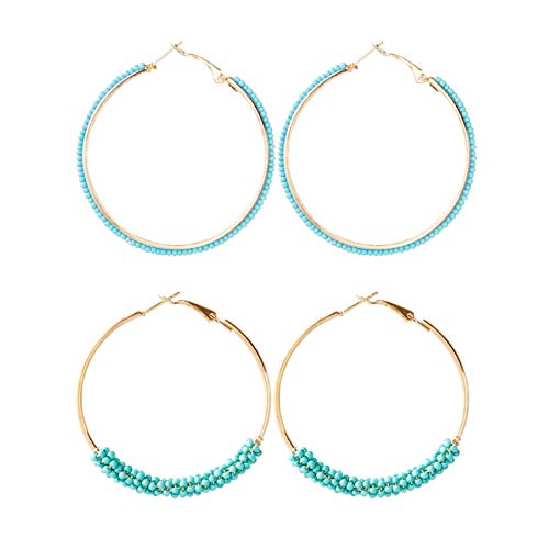 2 Pairs Bohemian Colorful Beads Circle Round Hoop Earrings Gold Hoop Dangle Earrings for Women Vintage Boho Jewelry - color: blue