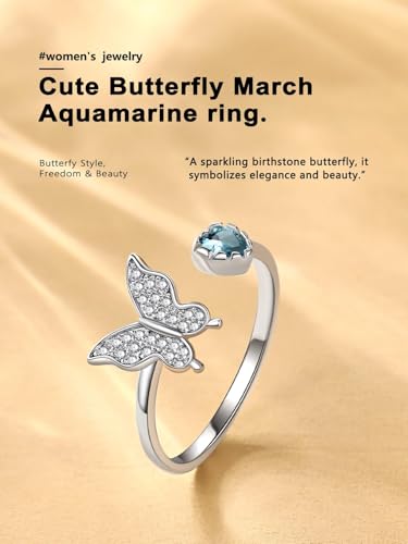 Bestyle 925 Sterling Silver Butterfly Ring Hypoallergnic Adjustable Birthstone Rings for Women Butterfly Jewelry Gifts for Anniversary Mothers' Day Birthday - color: 03.March(Aquamarine)