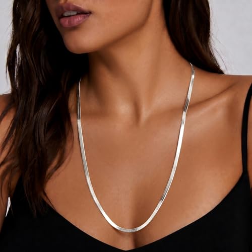 WomenGifts 14K Gold Silver Plated Herringbone Necklace for Women, Dainty Snake Chain Choker, Trendy Simple Long Layered Jewelry Non Tarnish, 3/4/5/8mm,14,16,18,20,22,24,26 Inch Thin & Chunky Options - color: Silver, style: 3mm-26inch