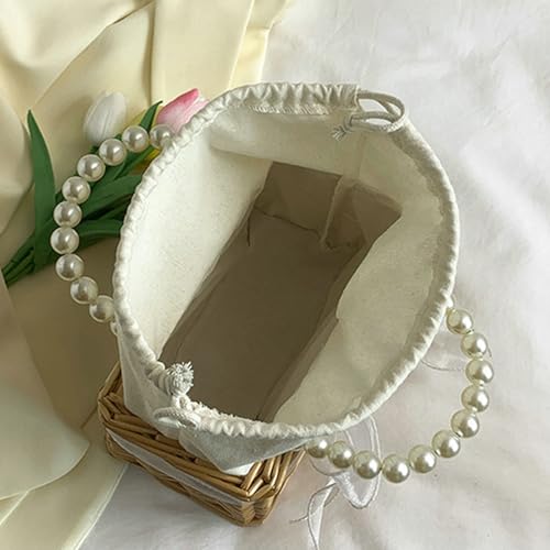 Wicker Basket Lace Ribbon Handbag Vacation Wedding Woven Handbag Drawstring Inner Pouch Daily Use Gift - color: A-white
