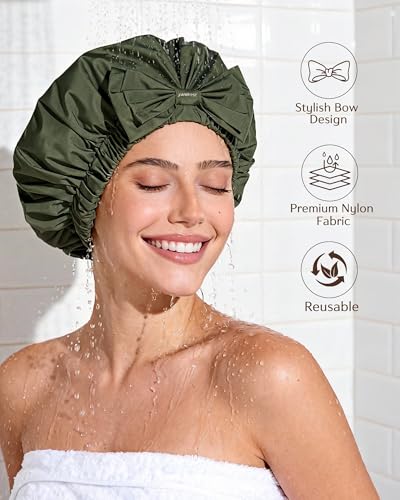 Yanibest Shower Cap Reusable Waterproof, Wide Elastic Band Bath Cap - Comfortable & Durable Bath Hair Hat for Women - color: Green